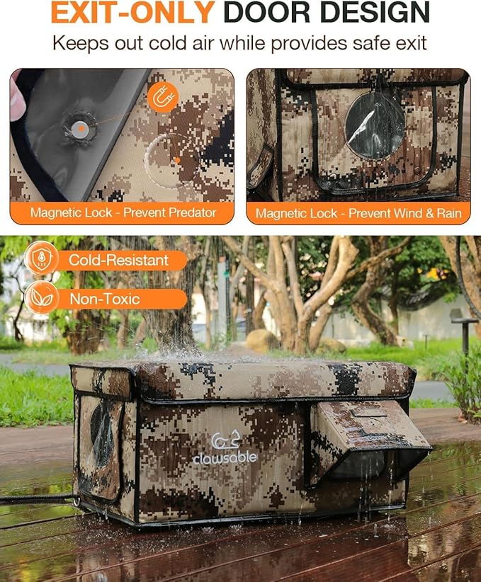 Indestructible Heated Cat House for Outside Cats Winter, 100% Weatherproof, Safe Escape Door, Insulated Outdoor Cat Shelter with Heater for Feral Barn Cat Kitty (Desert Camouflage, 13"x17"x12.6")