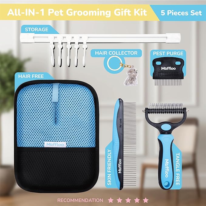 Pet Hair Removal & Dematting Kit: 6 Tools for Dogs and Cats with Shedding Glove, Undercoat Rake, Metal Comb, Flea Comb, Keychain, Hanger - for Car & Rug Clean - Ideal for Golden Retrievers & Long Hair