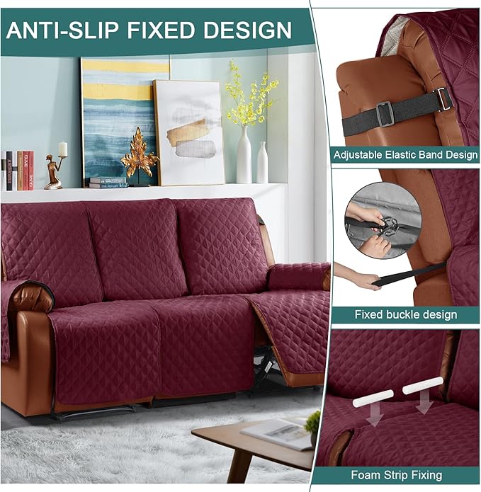Ruaozz Waterproof Recliner Sofa Cover 1-Piece Couch Covers for Reclining Couches Reclining Sofa Cover Washable Furniture Protector with Elastic Straps Pocket for Kids, Pets (Wine, 3 Seater)
