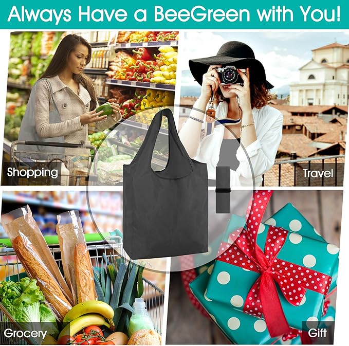 BeeGreen 10 Pack Black Reusable Grocery Bags with Storage Pouch Reusable Shopping Bags Bulk with Elastic Band 50LBS X-Large-Foldable-Washable-Heavy Duty-Waterproof Grocery Tote Bags