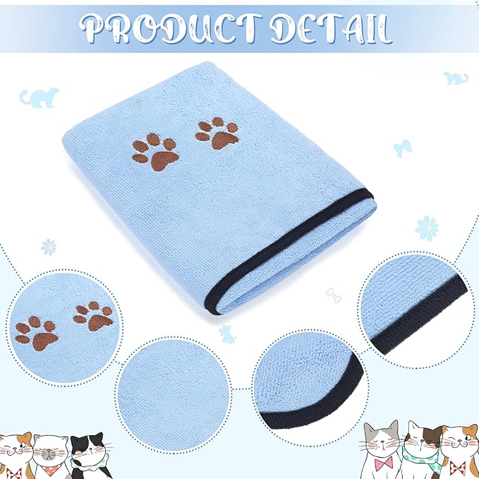 Tegeme 4 Pack Dog Towels for Drying Microfiber Soft Absorbent Pet Bath Towel Dog Drying Grooming Cloth with Embroidered Paw for Pet Cat Bathing Grooming(35 x 20 Inch,Blue)