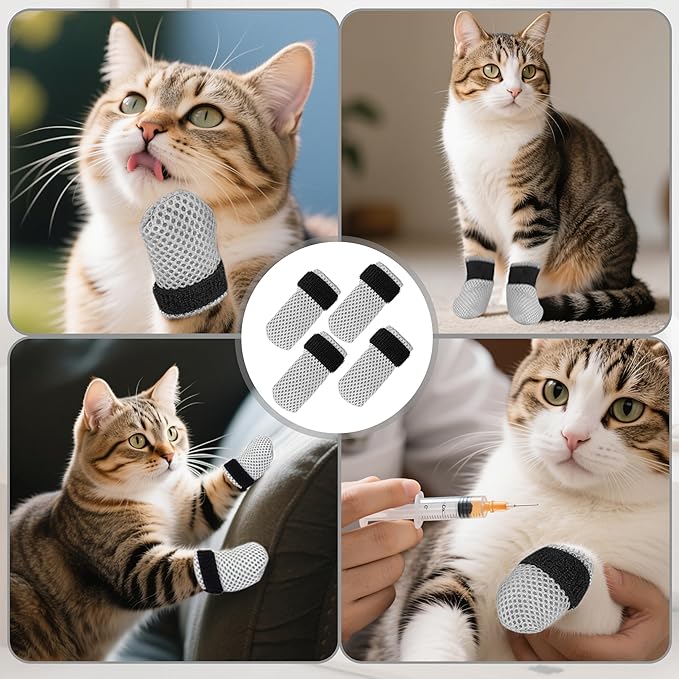 Cat Booties Anti Scratch Mittens,4 PCS cat Claw Covers,Mesh Breathable Cat Shoes,Adjustable Cats Anti Scratch Gloves,Suitable for Cats When Bathing and Nail Trimming