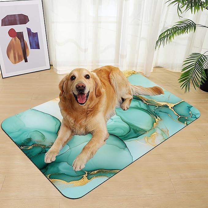 Green Marble Pet Feeding Mat for Floors–Absorbent Quick Dry Dog Cat Bowl Mat for Food and Water, Non Slip Waterproof Base, Mess-Free Feeding Accessories 16"x24"