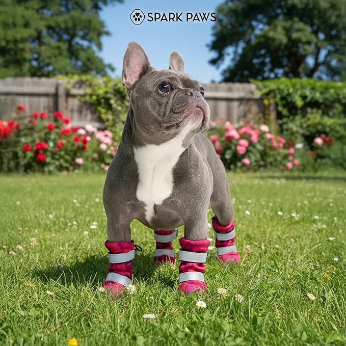 Spark Paws Dog Shoes, Waterproof Dog Boots for Medium to Large Dogs, Non Slip, Breathable Dog Booties and Paw Protectors - 4PCS Doggie Hiking Boots with Reflective Straps, Pink Camo, Size 1