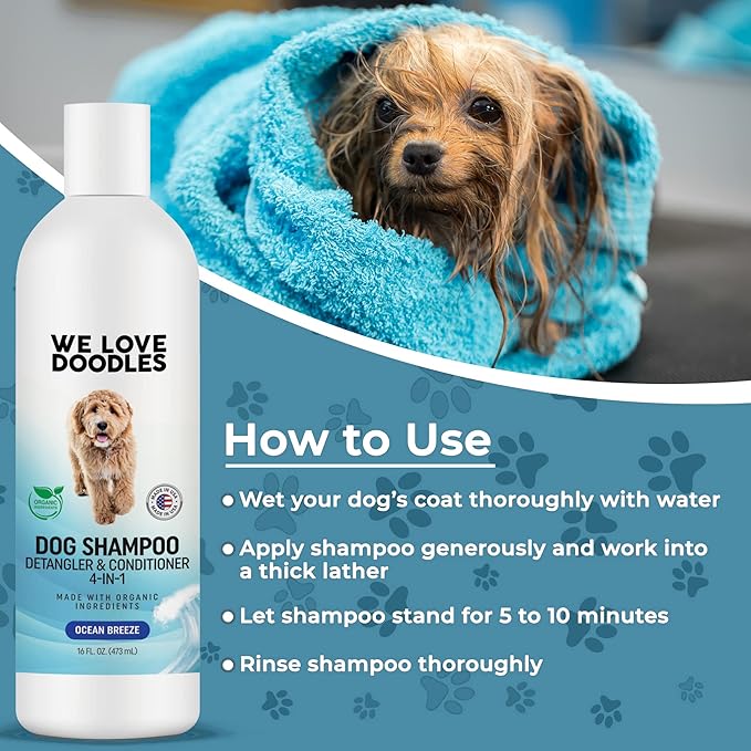 We Love Doodles Pet Rubber Bath Brush and Dog Shampoo (Bundle) - for Shower Scrubbing & Soothing Massage and Organic Dog Shampoo, Conditioner & Detangler - Made in The USA