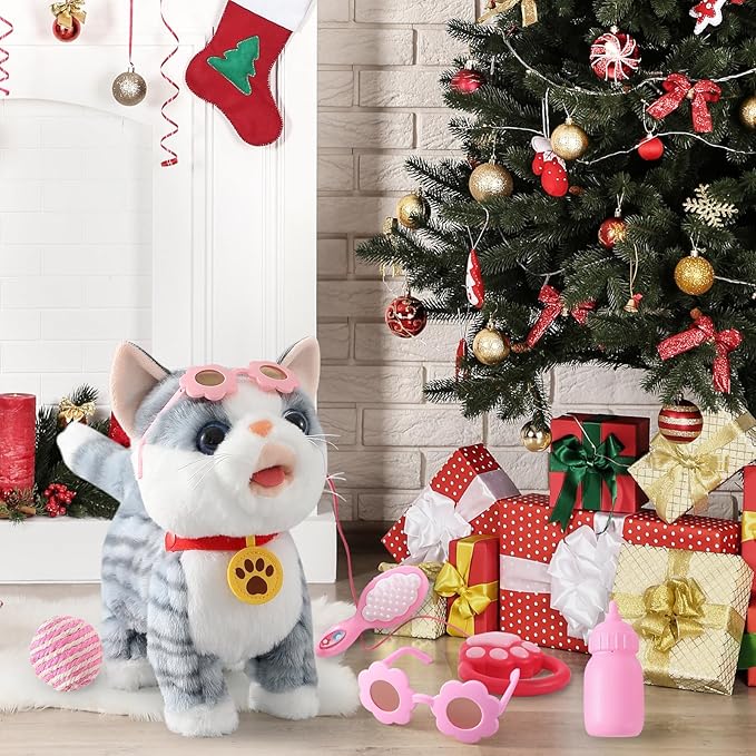 Gray Walking Cat Set Interactive Toy Cat for Girl Repeat What You Say Toy Kitten Talking Singing Dancing Touch Control Robot Cat Toy for Kid with Leash Wagging Tail Nodding Plush Electric Kitty