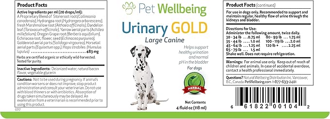 Pet Wellbeing Urinary Gold for Dogs - Vet-Formulated Multi-Herb Urinary Tract Support - Bladder Health & Urinary System Wellness - Holistic Dog Supplement - Liquid Formula 4 oz (118 ml)