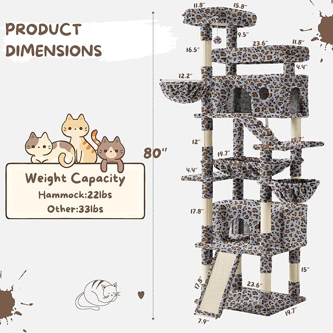 Cat Tree,80-Inch Large Cat Tower with 9 Scratching Posts, 2 Perches, 2 Caves, 2 Basket, 2 Stairs,Extra large Hammock, Pompoms, Multi-Level Plush Cat Condo for Indoor Cats (Grey Leopard Print)