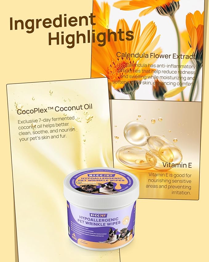 HICC PET Wrinkle Wipes, Vet-Recommended Dog Wipes Cleaning Deodorizing, Soothes Redness & Odor, Prevents Infections, Tear Stain Remover, Gentle for French Bulldogs, Pugs, English Bulldogs (100 Counts)