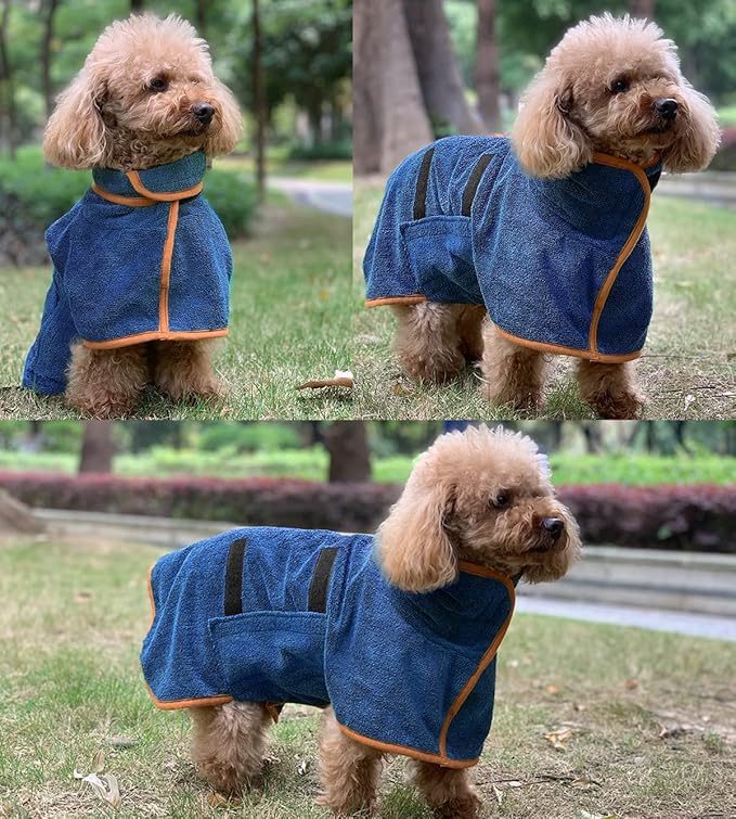 Dog Drying Coat Bathrobe Towel, Microfibre Material Fast Drying Super Absorbent Dog Bath Robe, Pet Quick Drying Moisture Absorbing with Adjustable Collar and Waist
