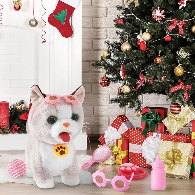 Walking Cat Set Interactive Talking Toy Kitten Repeat What You Say Robot Cat Toy for Girl Singing Dancing Touch Control with Leash Wagging Tail Nodding Plush Electric Ragdoll Kitty for Kid