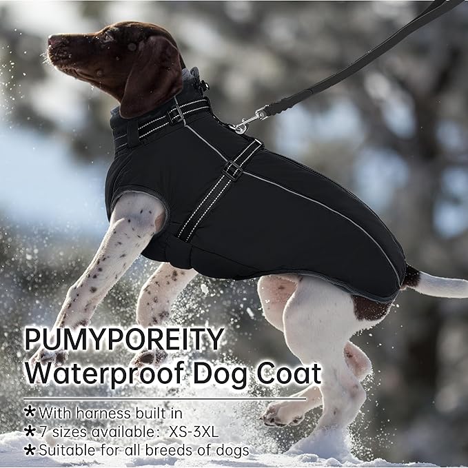 PUMYPOREITY Snow Jacket for Large Dogs Waterproof, Warm Dog Winter Coat with Harness Built in, Fleece Jacket with Back Zipper, Cold Weather Coats for Outdoor, Windproof Pet Snowsuit, Black, 2XL
