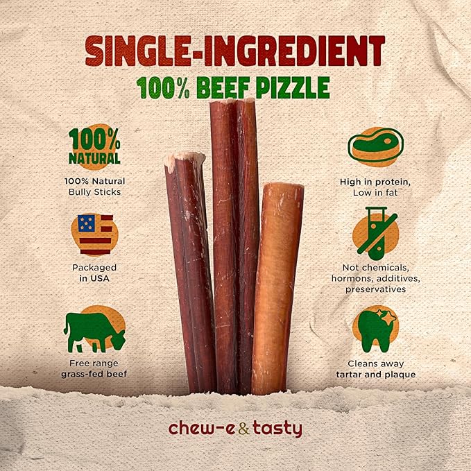 chew-e&tasty 12" Thick Bully Sticks for Dogs (Pack of 10) - Thick Chews for Dogs, Fully Digestible Beef Treats, Supports Dental Health, Long Lasting Beef Chews