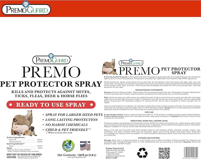 Premo Guard Pet Protector Spray - 128 oz - Kills Mites, Fleas, Ticks, & Mosquitoes - for Dogs, Cats, & Home - Natural Plant Based Oils for Control, Prevention & Treatment - Family Safe