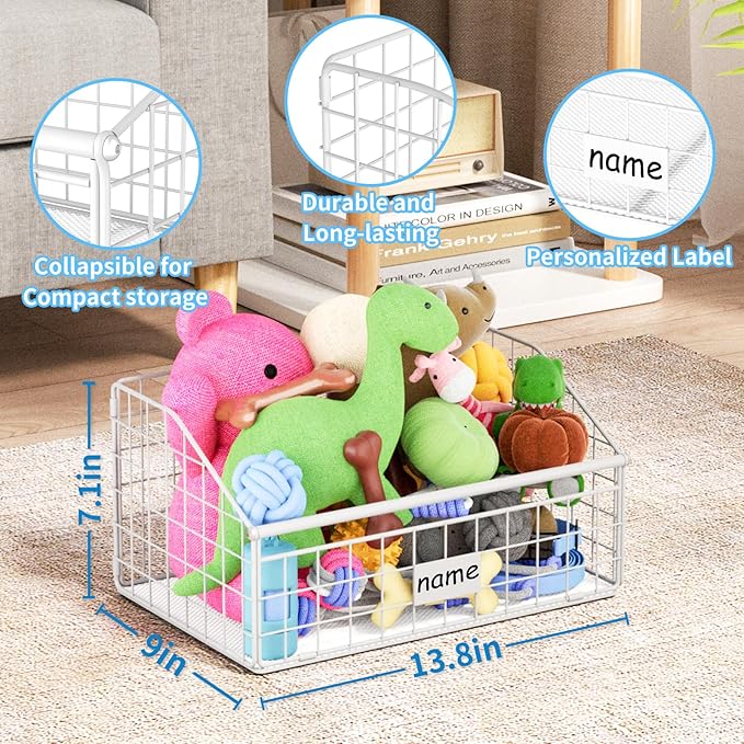 Indestructible Dog Toy basket, Small Toy Box for Dogs, Pet Toy Bin Dog Metal Basket for Toys, Dog Toy Storage, Dog Storage Organizer, Cat Dog Toy Box for Living Room Area (White)