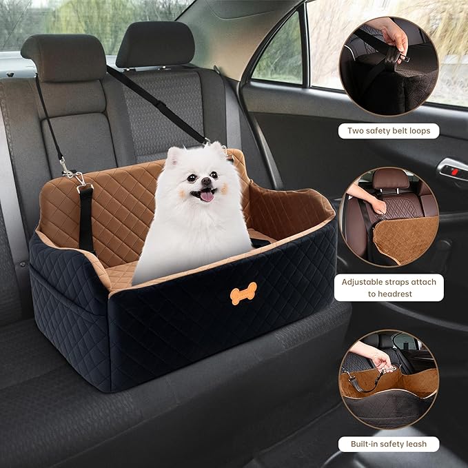 Car Seat for Large Size Dog, Booster Seat for Dogs Under 55 lbs or 2 Small Dogs, Soft Car Dog Bed Filling in Thick Memory Foam with 2 Safety Leashes and Storage Pocket (Brown/Black)