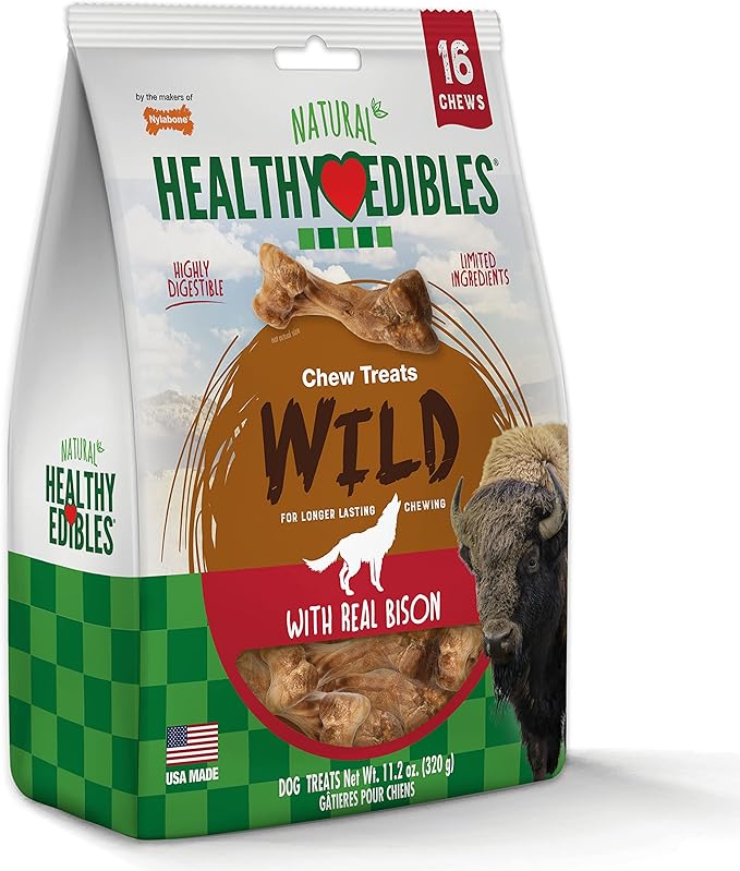Nylabone Healthy Edibles Wild Natural Long-Lasting Bison Flavor Bone Chew Treats for Dogs, Small (16 Count) (Pack of 2)