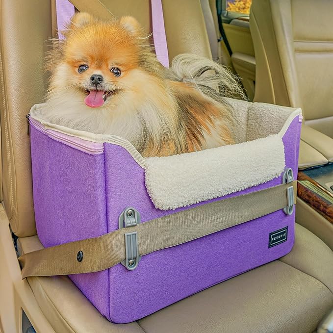 PETSFIT Small Dog Car Seat โ Patented Safety Buckles โ Safety Tether โ Foldable Travel Dog Booster Car Seat Reduces Anxiety & Road Trips โ Stable Frame, Soft Cushion, Fits Front/Back Seat (Purple)
