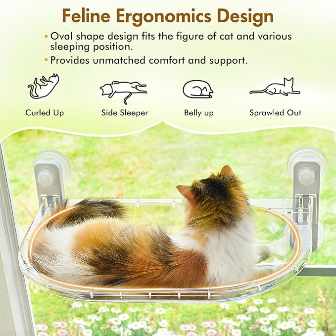AMOSIJOY Transparent Cat Window Perch, Easy to Install & Clean Cat Hammock with 4 Enlarged Suction Cups for Large Cats, Panoramic Space Capsule Window Seat with Cozy Furry Mat
