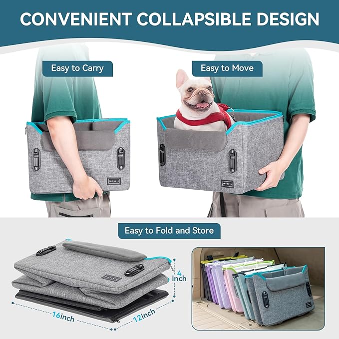 PETSFIT Dog Car Seats for Small Dogs, Patent Safe Buckles Dog Booster Car Seat, Cat Cars Seat with Safety Belt, Suitable for Small Pets Up to 25lbs (Grey)