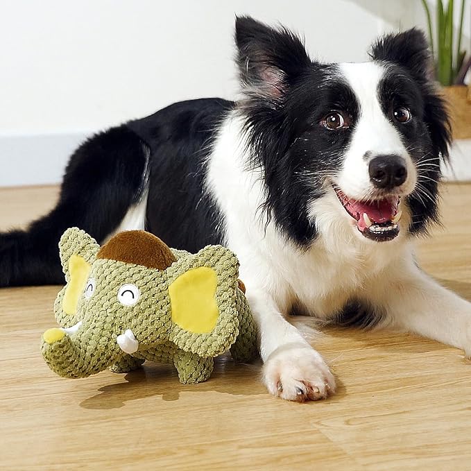Hollypet Squeaky Plush Stuffed Durable Dog Toys, Cute Puppy Chew Toys for Small, Medium and Large Breed Dogs,Green Elephant