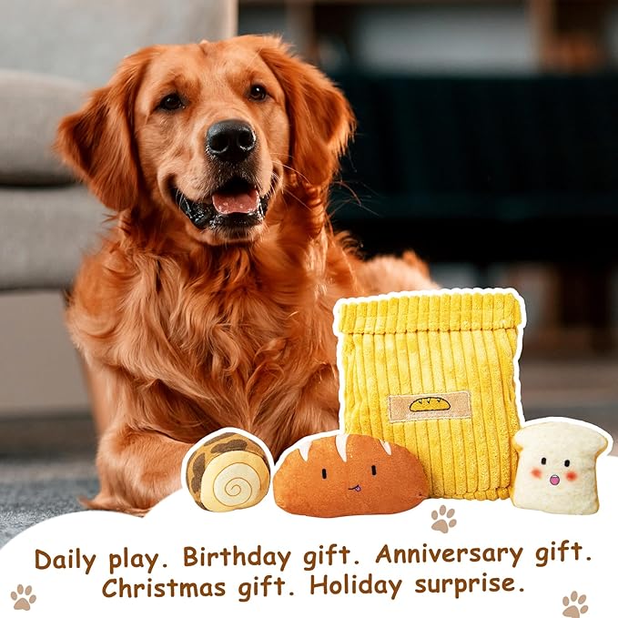 Hollypet Squeaky Dog Toy, Interactive Plush Hide and Seek Dog Toys for Small Medium Sized Dogs and Non-Aggressive Chewers, Puppy Teeth Clean Chew Toys, Bread