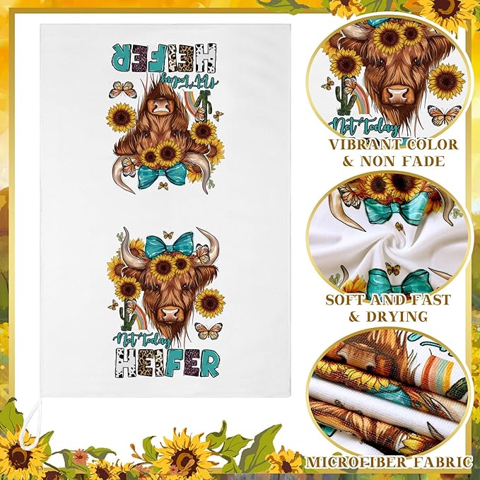 TecUnite 6 Pcs Highland Cow Kitchen Towels Set Funny Highland Cattle Tea Towels Absorbent Sunflower Dish Towels Western Farm Cattle Hand Towel for Cleaning Drying Women Mom Housewarming Gifts Decor