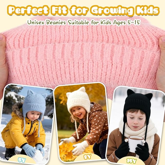 ZOORON Kids Winter Hat for Boys Girls, Cat Beanie Children Knit Skull Cap with Warm Ear Flap, Teen Beanie Hat Age 5-15 Years