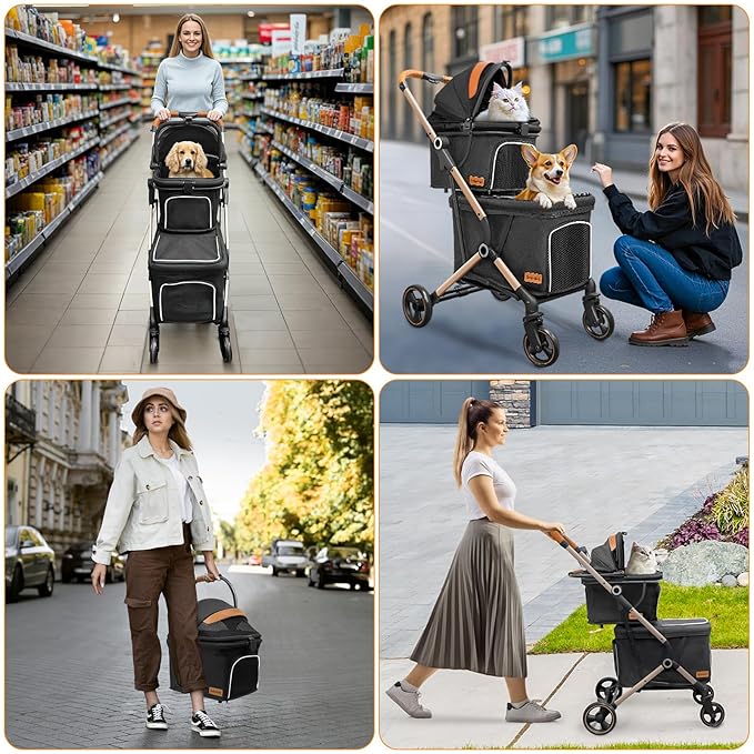 Double Dog Stroller for Small Dogs - 4 Wheels Medium Dog Jogger Stroller Detachable Cat Carriage, Storage Basket and One-Button Folding Frame for Pets Walk