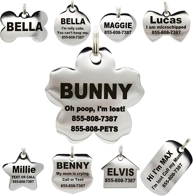 Stainless Steel Pet ID Tags - Engraved Personalized Dog Tags, Cat Tags Front & Back up to 8 Lines of Text – Bone, Round, Heart, Flower, Badge, House, Star, Rectangle, Bow Tie