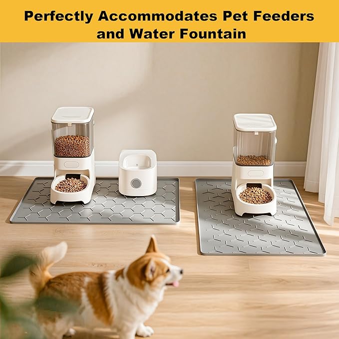 Pieviev Dog Cat Food Bowl Mat, Silicone Waterproof Food Grade Pet Food Mat for Floor, High Raised Edge to Prevent Spills, Non-Slip & Easy Clean Pet Placemat for Dog & Cat Bowls, 24''x16'', Light Gray