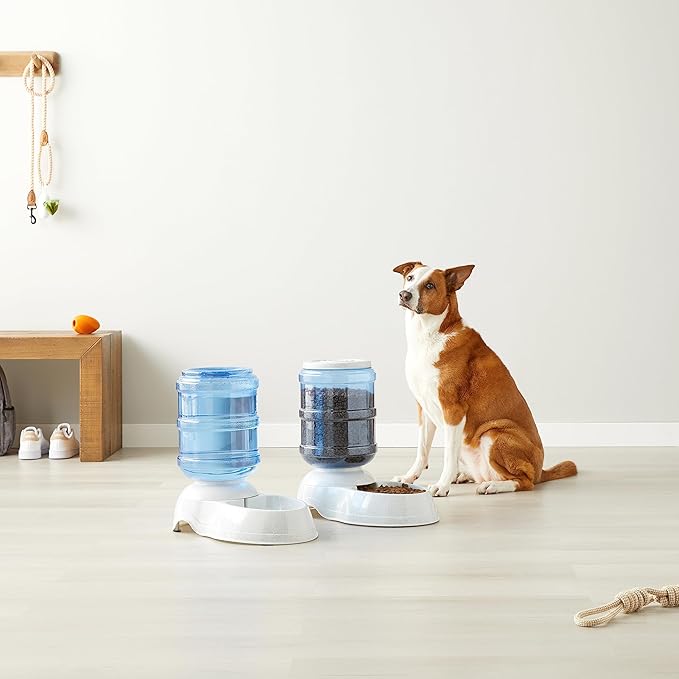 Amazon Basics Automatic Dog Cat Water Dispenser Gravity Feeder and Waterer Set, Large, 456.6fl.oz food feeder, 382.1fl.oz water dispenser, Gray