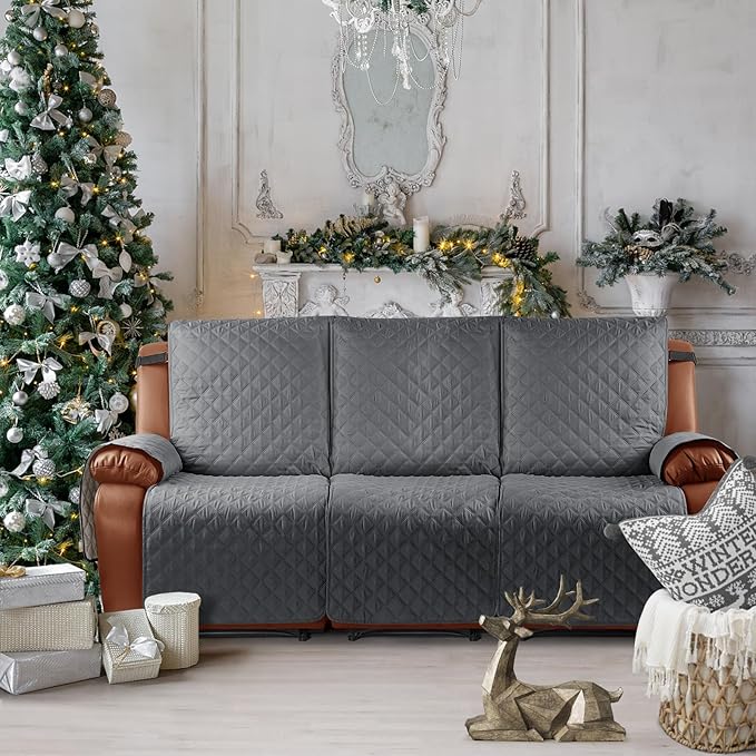 Ruaozz Waterproof Recliner Sofa Cover 1-Piece Couch Covers for Reclining Couches Reclining Sofa Cover Washable Furniture Protector with Elastic Straps Pocket for Kids, Pets (Dark Grey, 3 Seater)