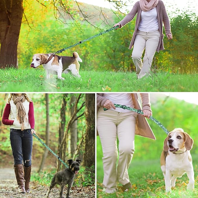 Hotsky Tactical Dog Leash Heavy Duty for Medium Large Dogs That Pull,4-6Ft Strong Bungee Shock Absorbing No Pull Dog Leash with Padded Double Handle and Car Seatbelt,Leaves