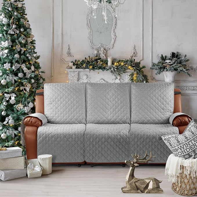 Ruaozz Waterproof Recliner Sofa Cover 1-Piece Couch Covers for Reclining Couches Reclining Sofa Cover Washable Furniture Protector with Elastic Straps Pocket for Kids, Pets (Light Grey, 3 Seater)