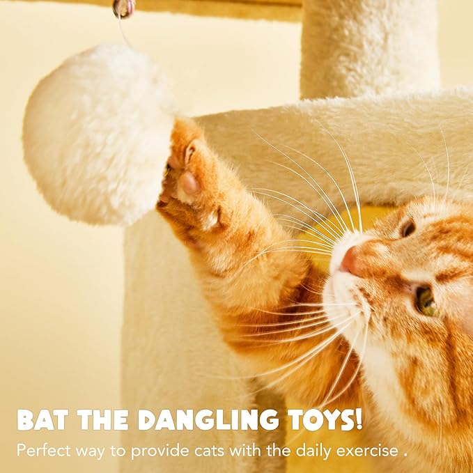 Cat Tree for Indoor Cats - 63in Multi-Level Large Cat Tower with 2 Big Cat Condos, 2 Padded Perches, Hammock, 6 Sisal-Covered Scratching Post and Toys for Kittens Pet Play House, Beige