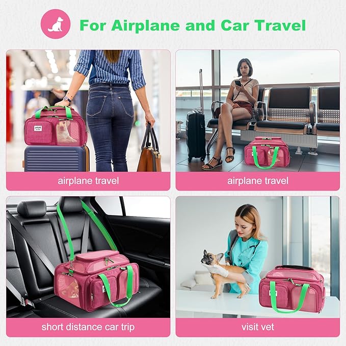 19x13x9 TSA Approved top Expandable pet Carrier for Small Dog Puppy cat up to 10 lbs Weight and 18'' Length, for Southwest Spirit Canada Airlines(Pink)