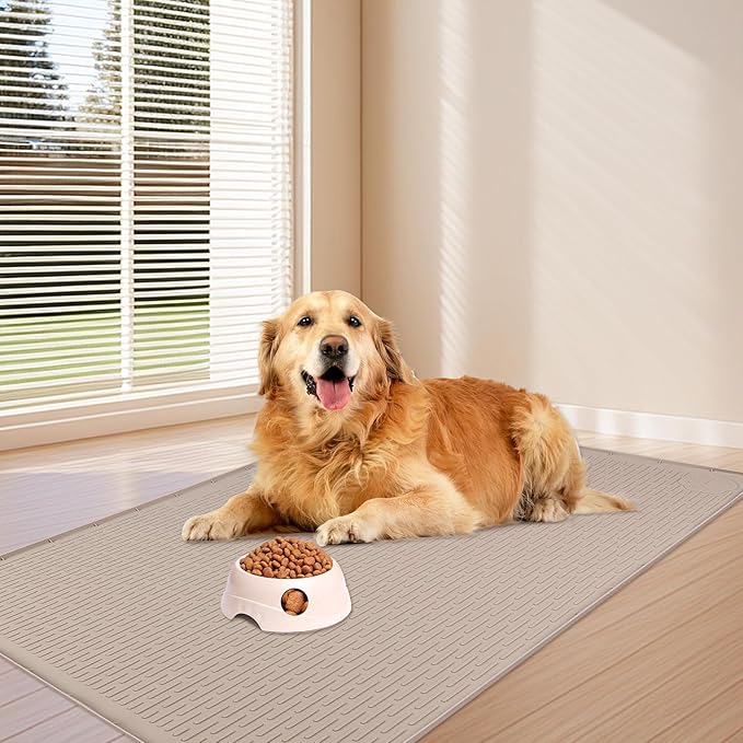 Dog Food Mat, Extra Large 34" x 22" Silicone Pet Feeding Mat with Raised Edge Pet Placemat for Small, Medium, and Large Pets Non-Slip, Easy to Clean (Beige)