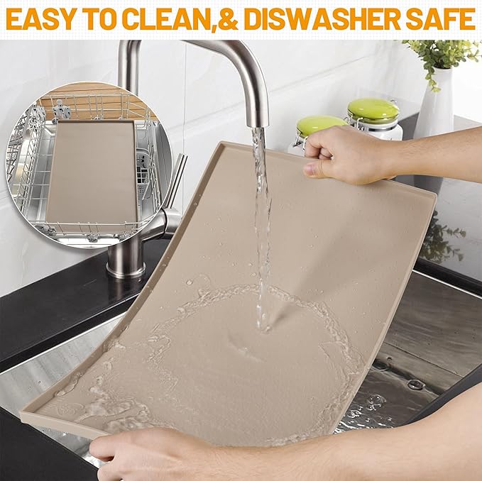 Hubulk Dog Feeding Mat,100% Waterproof Food Grade Silicone Pet Food and Water Bowl Placemat,Dishwasher, High Raised Edge to Prevent Spills,Nonslip Tray to Stop Messes on Floor(24"x16"x0.5", Taupe)