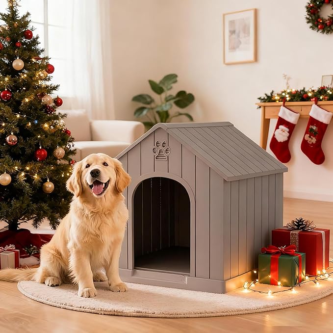 Large Dog House Outdoor Indoor for Medium Large Dogs, Durable Plastic Waterproof Doghouse with Air Vents and Elevated Floor, Easy Clean and Assemble (Light Grey, 36.2''LĂ38''WĂ38''H)