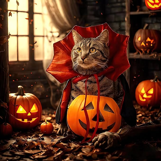 Halloween Pet Cape Custom, Gothic Cat Dogs Robe Decor, Vampire Cloak Wizard Outfit Pets Clothes Accessories for Witch Cosplay Apparel for Small Medium Dogs Cats Supplies(Red)