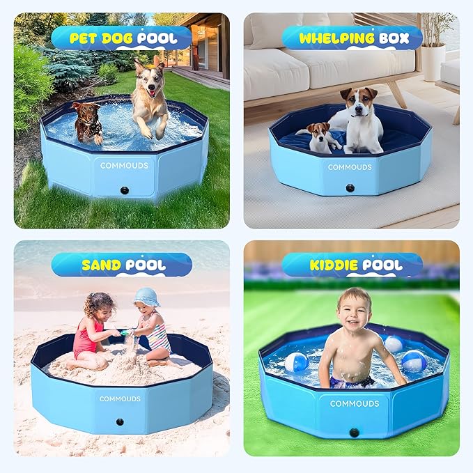 COMMOUDS Foldable Dog Pool, Collapsible Hard Plastic Dog Kiddie Swimming Pool, Portable Pet Bath Tub Wading Pools for Kids and Puppy Small Medium Large Dogs(40inch.D x 8inch.H)