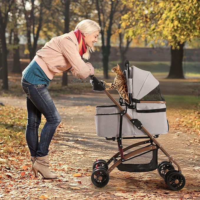 3-in-1 Foldable Pet Stroller for Medium Dogs & Cats up to 50lbs – Detachable Carrier & Car Seat with Storage Basket, 5” Lockable Wheels – All-Terrain Design for Jogging, Walking, and Travel (Grey)
