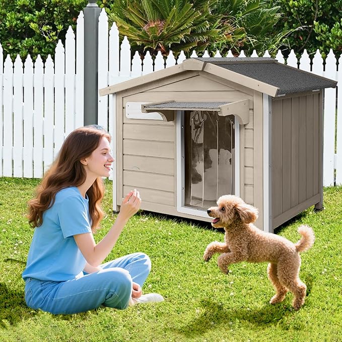 Dog House Indoor Outdoor with Chew-Proof Frame, Weatherproof Dog Kennel Puppy Shelter with Openable Asphalt Roof, Window, Easy to Clean for Small to Medium Dogs (30.1" L*18.3" W*24" H)