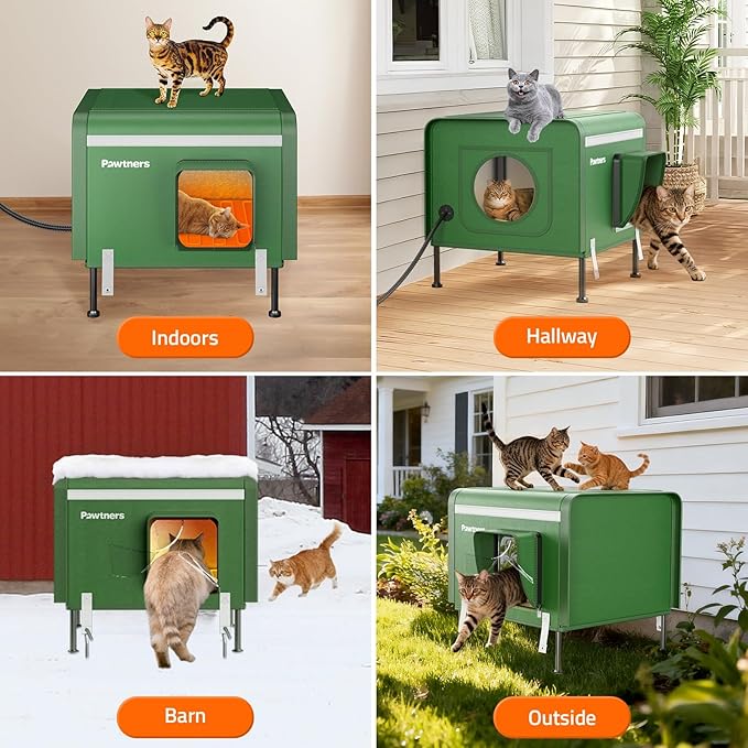 Pawtners Heated Outdoor Cat House for Outside Cats, 19'' Large Insulated Weatherproof Cat Shelter with Heated Pad, Elevated Feet & Escape Door, Warm Kitty House for Feral or Stray Cats in Winter