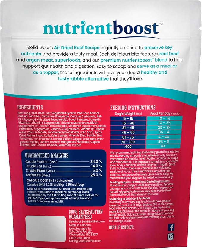 Solid Gold Air Dried Dog Food Toppers for Dry Food - Healthy Dog Treats w/Real Beef & Superfoods - Serve as a Complete Meal, Topper or Treats - Supports Muscle Growth, Immunity & Digestion - 1lb