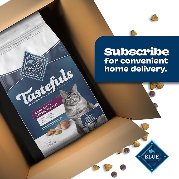 Blue Buffalo Tastefuls Natural Dry Food for Adult Cats 7+, Hairball Control, Chicken & Brown Rice Recipe, 7-lb. Bag