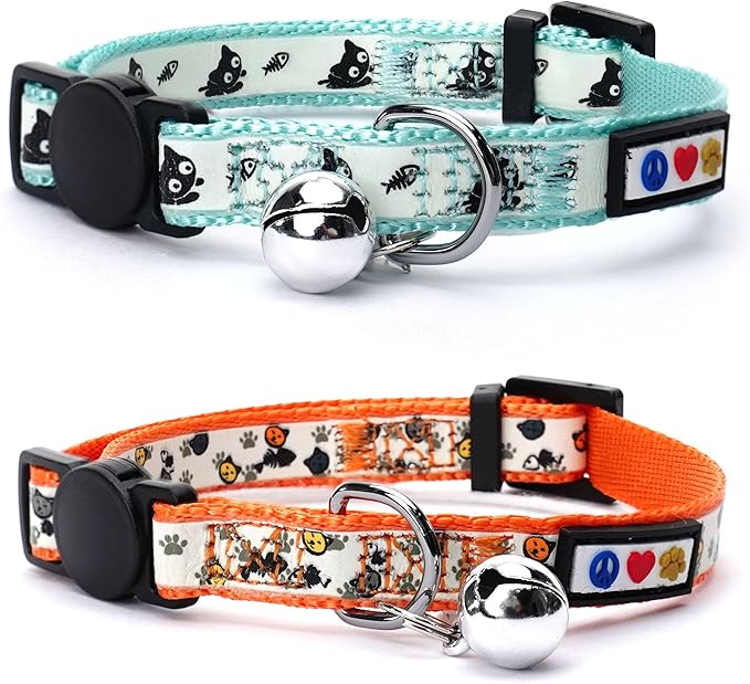 Pawtitas Glow in The Dark Cat Collar with Breakaway Safety Buckle & Bell Adjustable Kitten Collar, Set of 2 GID Teal/Orange