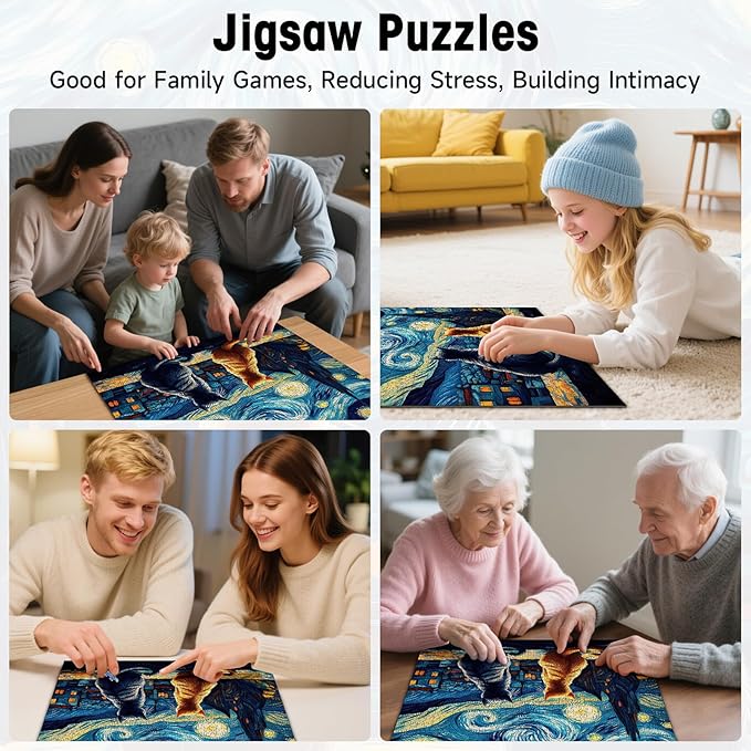 Cat Jigsaw Puzzle 1000 Pieces for Adults – Van Gogh Starry Night Art Puzzles, Difficult 1000 Piece Puzzle with Letters on Back, Premium Chunky Paper Fit, Gift for Game Night, Travel, Birthday