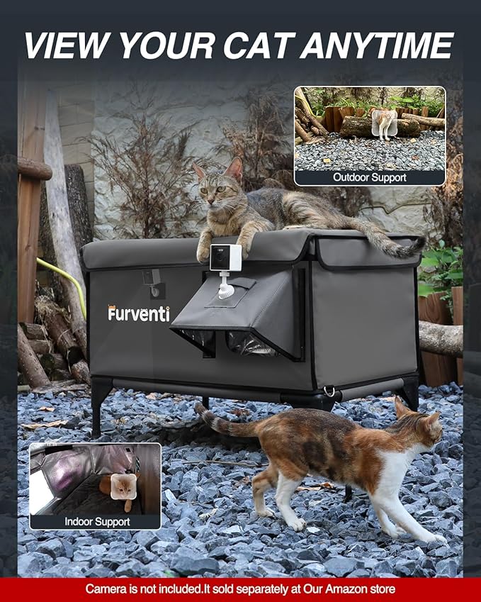 Heated Cat House for Outside,Dual Camera Mounts,100% Weatherproof & Extremely Insulated,Elevated Feral Cat Shelter with Escape Door,Waterproof Eaves for Outdoor Stray Barn Cat(Dark Grey,S)